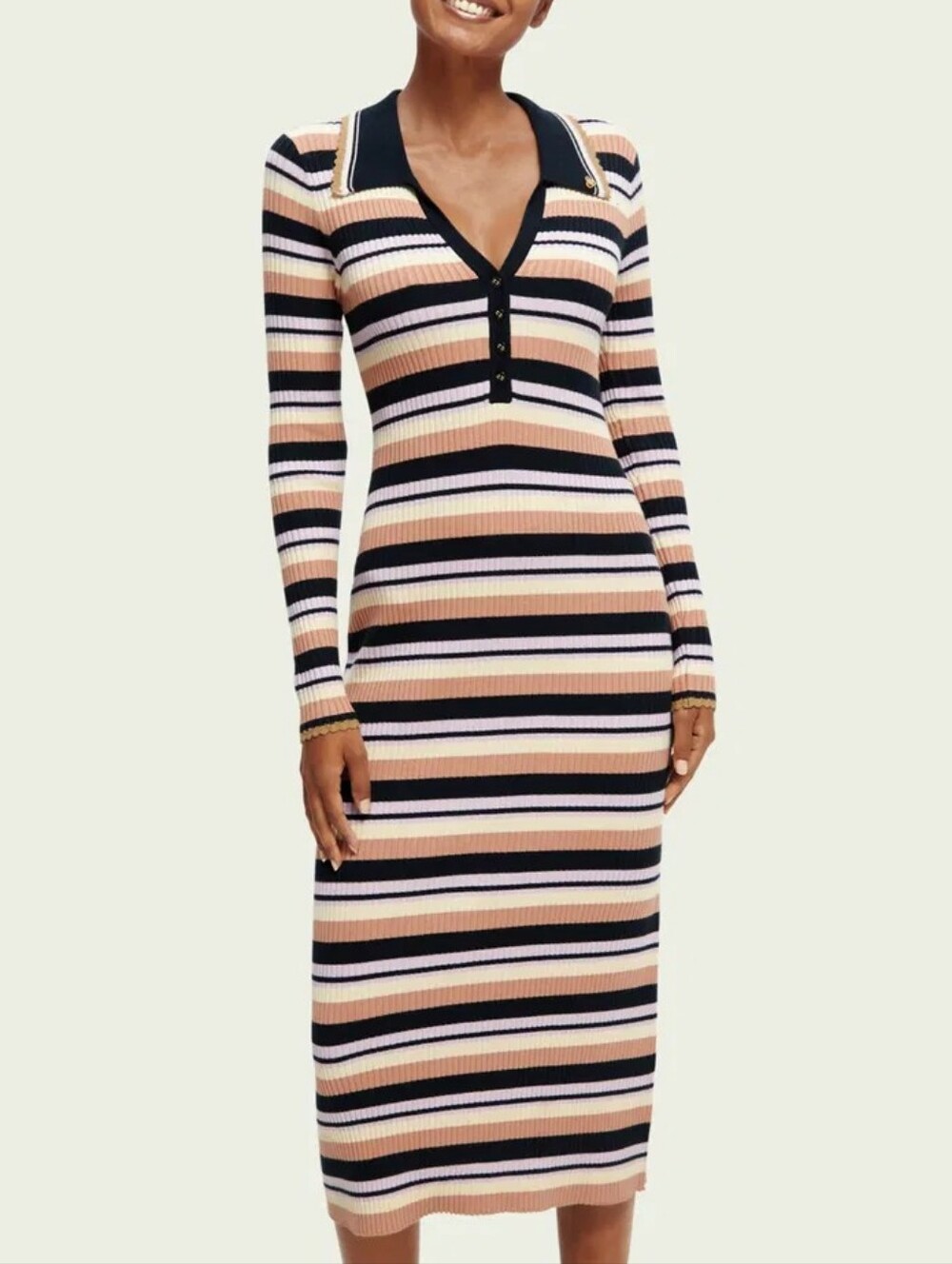 Scotch & Soda Striped Rib-Knit Long Sleeve Polo Midi Dress